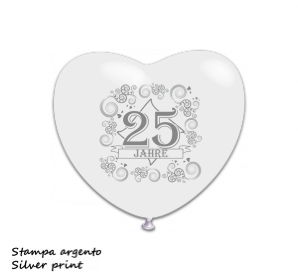 10x Latexballons Herzen 25 Jahre Weiß & Silber 30cm Durchmesser